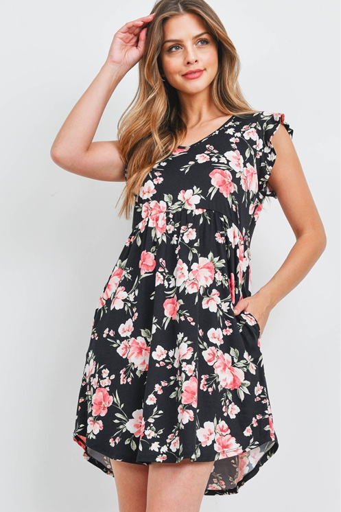 V-Neck Ruffle Cap Sleeve Floral Round Hem Dress