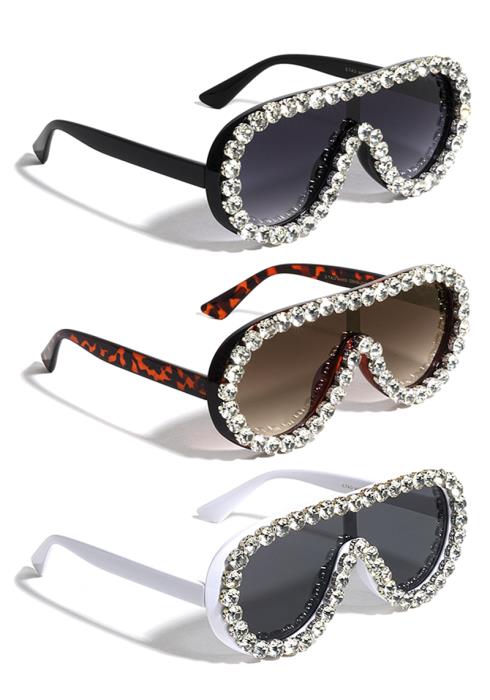 Trendy Rhinestone Flat Top Round Shield Sunglasses  (Dozen per Pack)