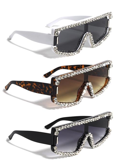 Stylish Rhinestone Flat Top Shield Rectangular Sunglasses  (Dozen per Pack)