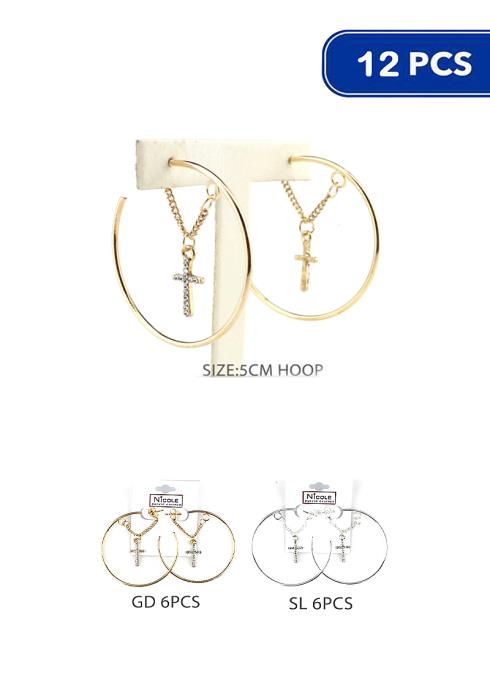 Metal Hoop Rhinestone Cross Dangle Earring   (Dozen per Pack)