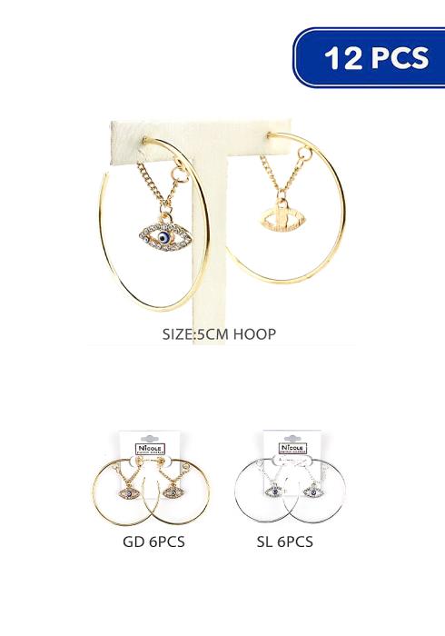 Metal Hoop Evil Rhinestone Eye Dangle Earring   (Dozen per Pack)