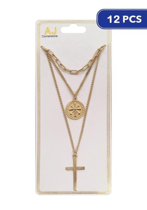 Fashion Cross Metal Pendant Chain Link Layer Necklace  - Gd (Dozen per Pack)