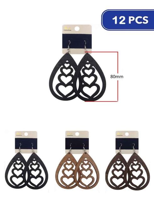 Fashion Wood Teardrop Heart Dangle Earring   (Dozen per Pack)