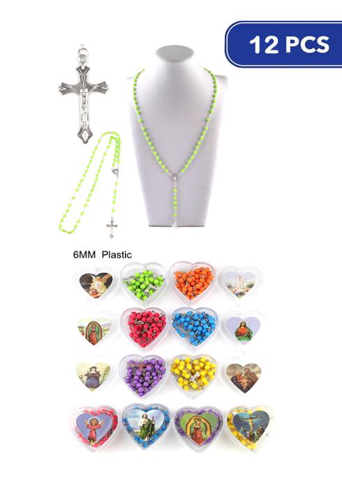 Rosary Bright Colors Religious Prayer Necklace Heart Case   (Dozen per Pack)