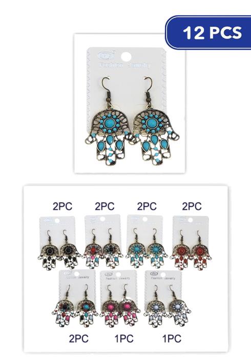 Hamsa Hand Stone Hook Earring   (Dozen per Pack)