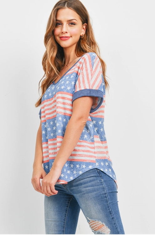 Rib Neck and Sleeve Band American Flag Top