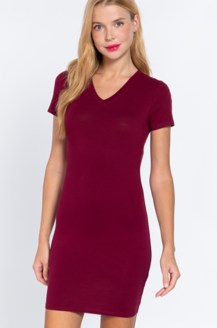 Short Slv V-Neck Cotton Jersey Mini Dress