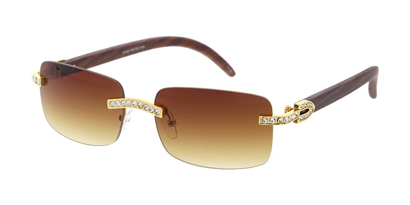 5014RH Unisex Metal Small Rimless Rectangular Rhinestone Frame w/ Woodgrain Print Temples