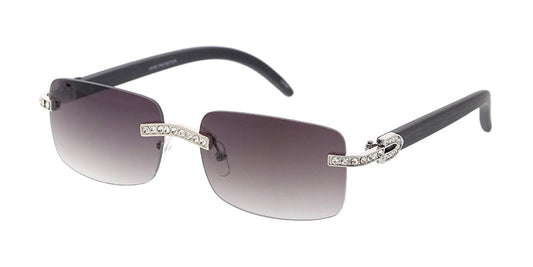 5014RH Unisex Metal Small Rimless Rectangular Rhinestone Frame w/ Woodgrain Print Temples