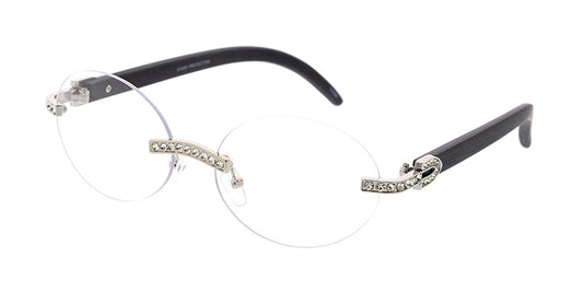 5017RH/CLR Unisex Metal Small Rimless Oval Rhinestone Frame w/ Woodgrain Print Temples and Clear Lens