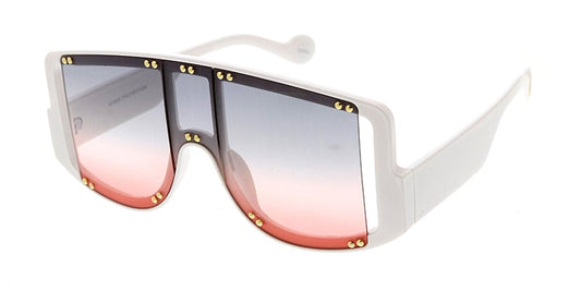 80037COL Women's Plastic Large Rectangular Studded Shield Frame w/ Dropped Temple and Two Tone Lens