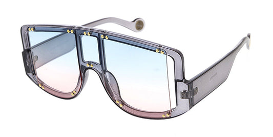 Women's Plastic Large Rectangular Studded Shield Frame w/ Dropped Temple and Two Tone Lens