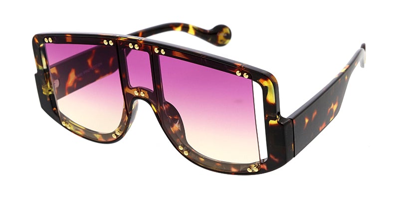 80037COL Women's Plastic Large Rectangular Studded Shield Frame w/ Dropped Temple and Two Tone Lens