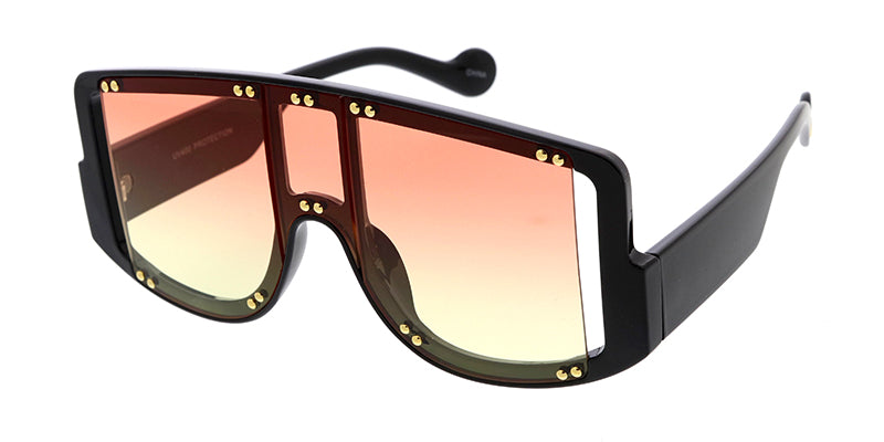 80037COL Women's Plastic Large Rectangular Studded Shield Frame w/ Dropped Temple and Two Tone Lens