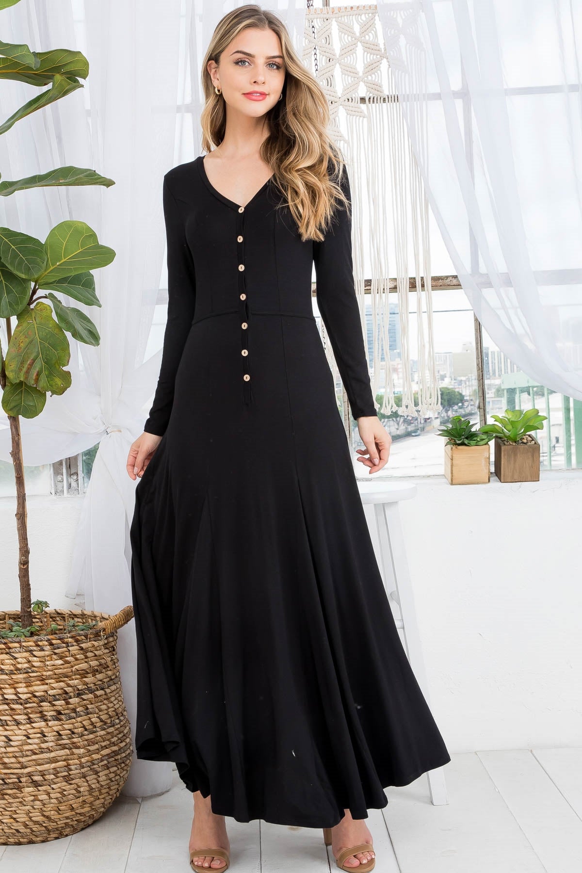 Black V-Neck Button Down Long Sleeve Flared Dress (Pack of 6 PCS)