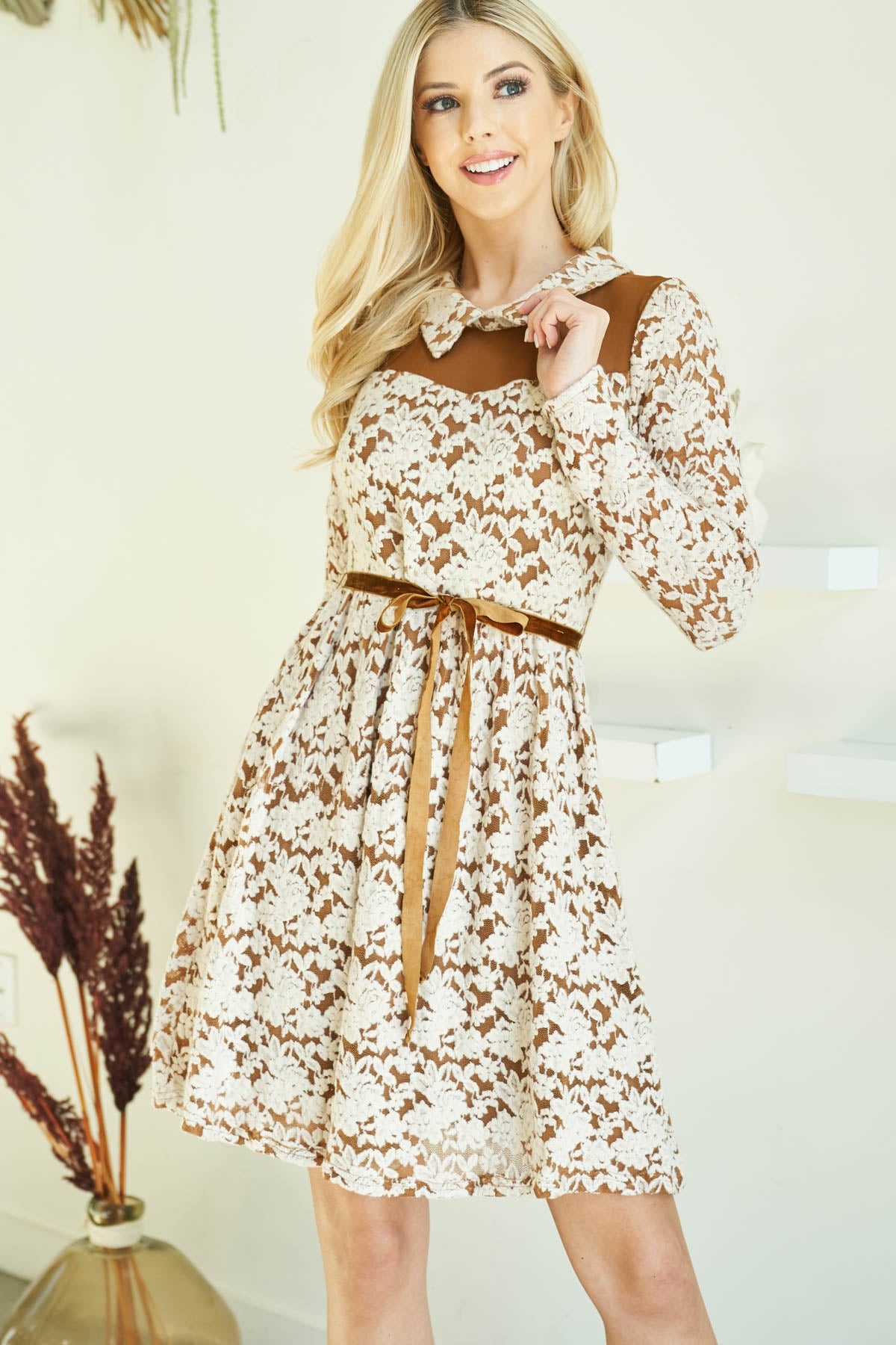 Brown Cream Collared Neck With Tie Waist Detail Floral Lace Fabric Long Sleeve Dress (Pack of 6 PCS)