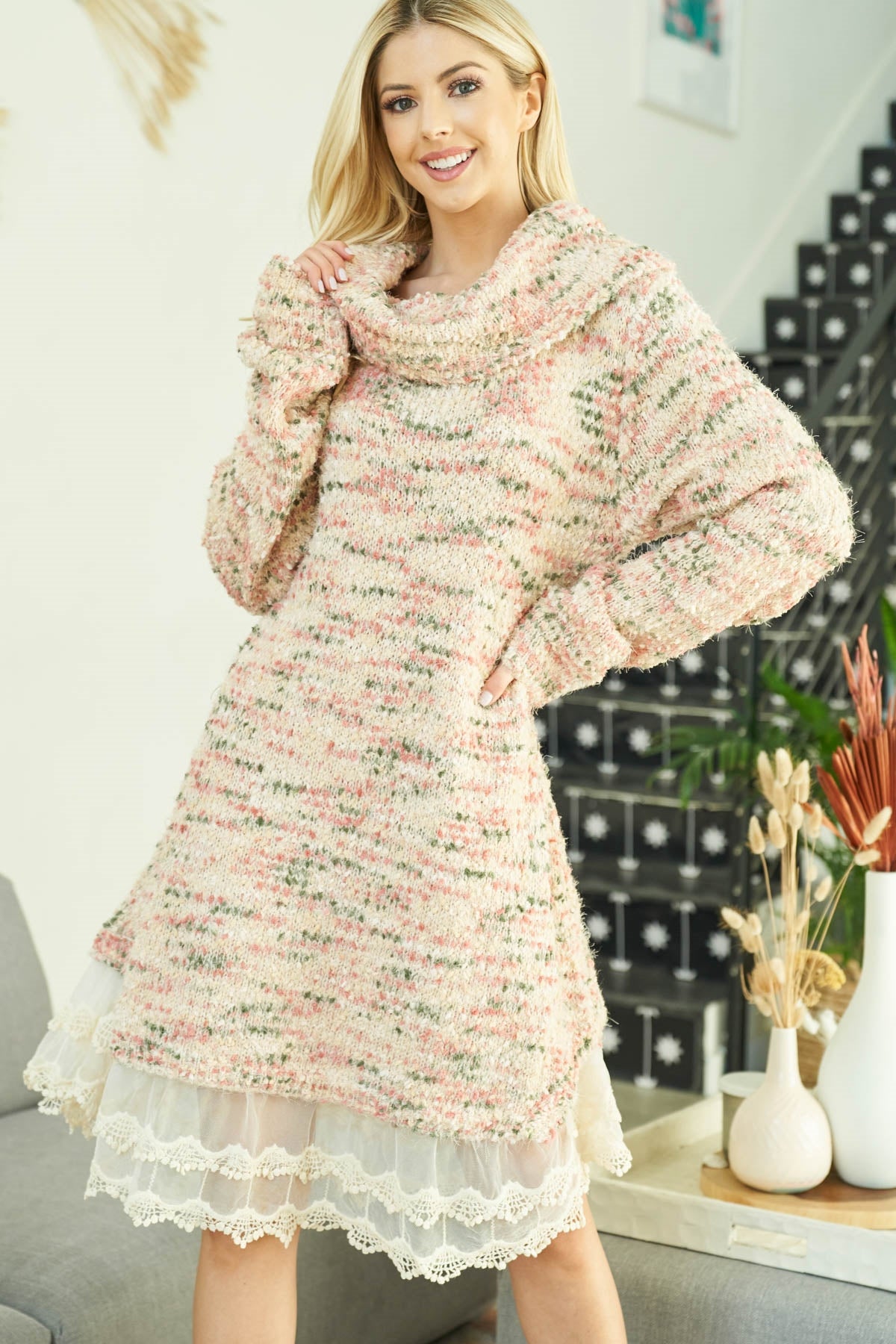 Pink Cowl Neck Lace Bottom Detail Knitted Long Sleeve Dress / 3Pcs (Pack of 3 PCS)