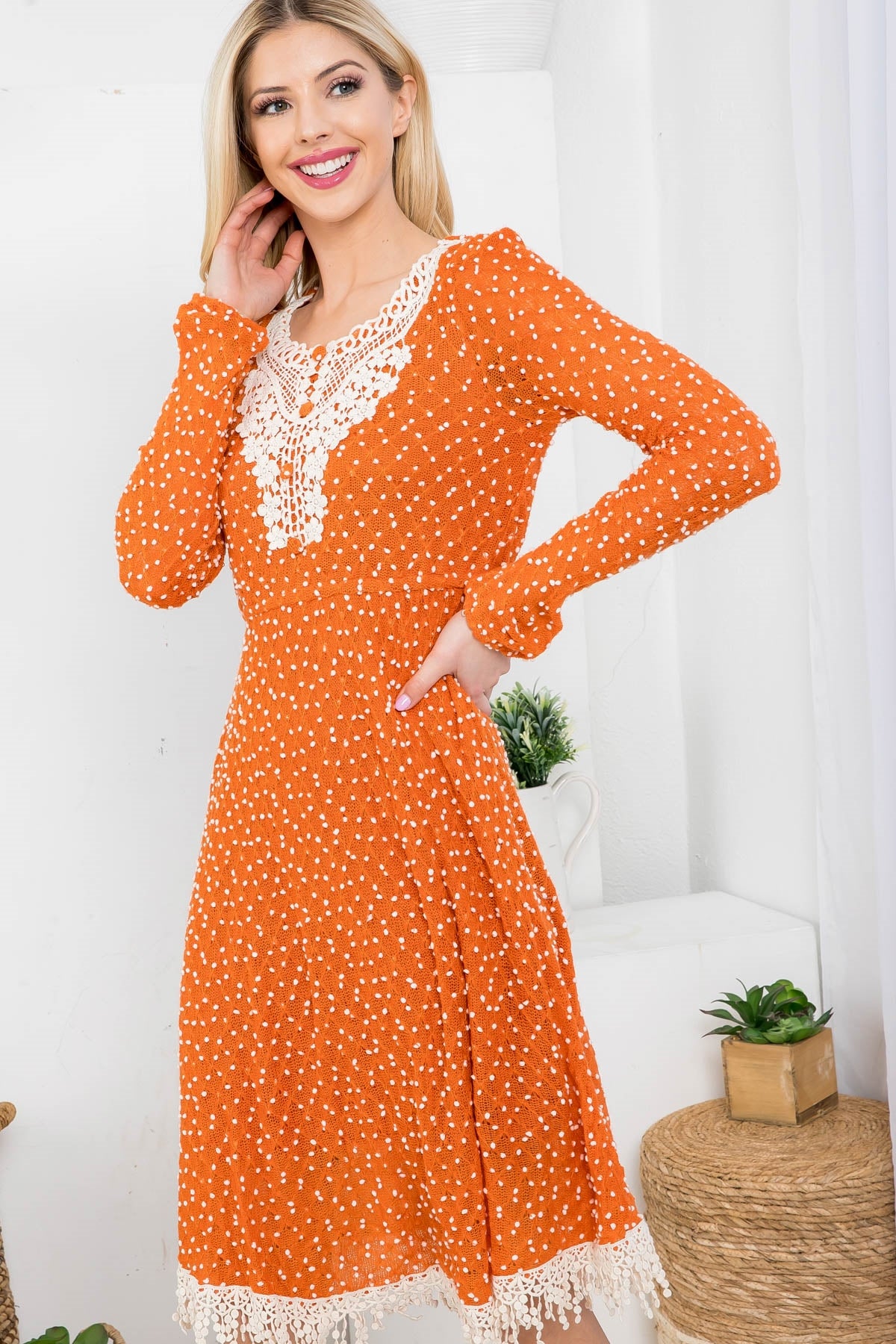 Orange Ivory Crochet Neck Detail Embellished Polka Dot Fringe Bottom Detail Dress (Pack of 6 PCS)