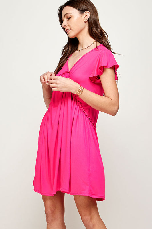 Fuchsia Deep V-Neck Ruffle Short Sleeve Dress (Pack of 6 PCS)