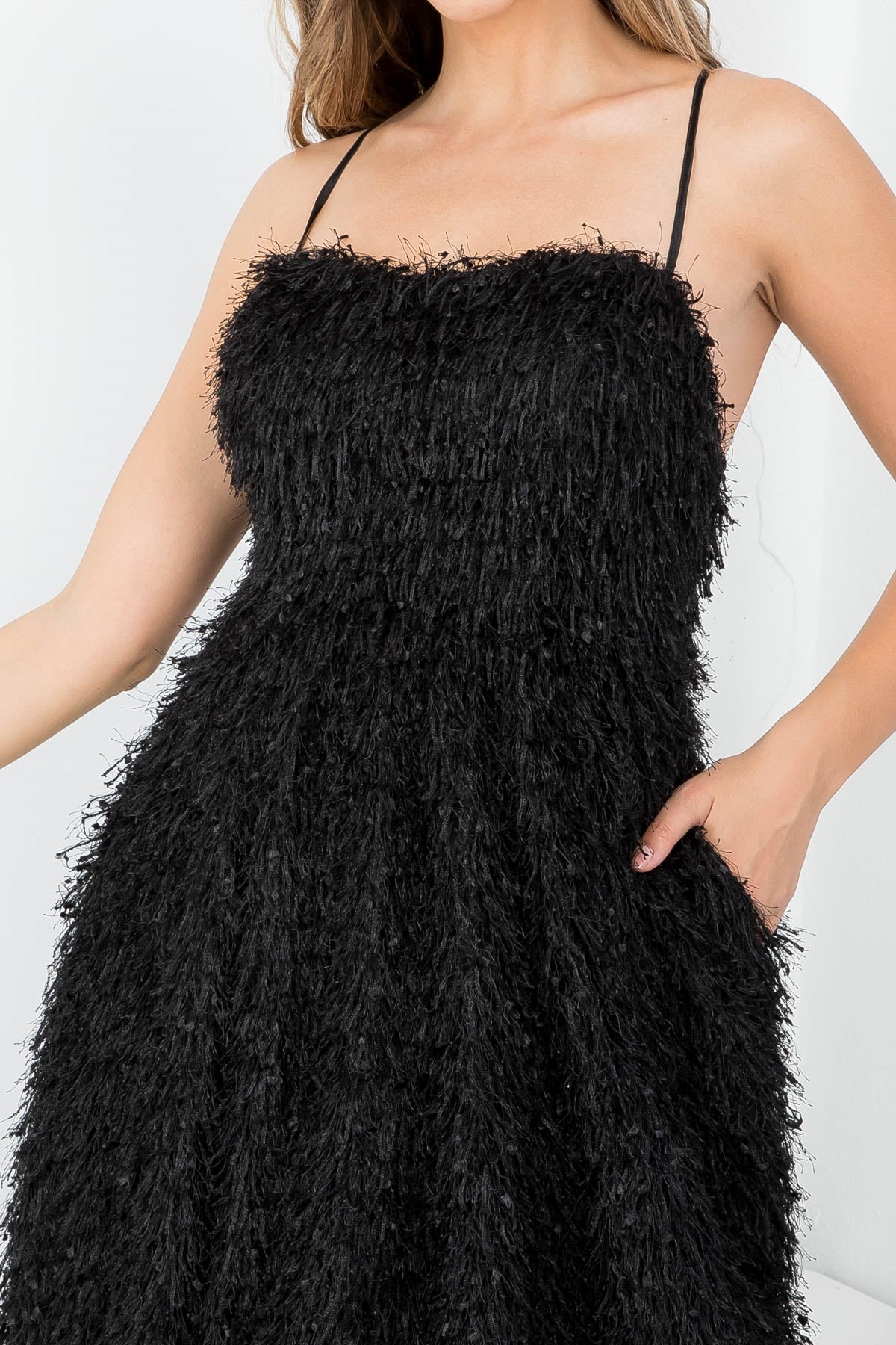 Black Spaghetti Straps Back Zip Closure Furry Asymetric Dress (Pack of 6 PCS)