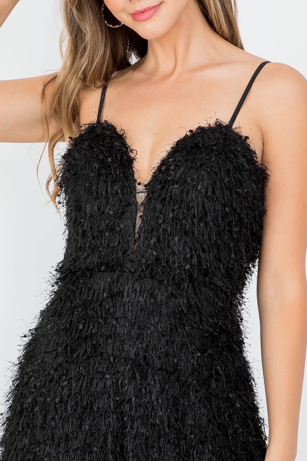 Black Spaghetti Straps Back Zip Closure Furry Asymetric Dress (Pack of 6 PCS)