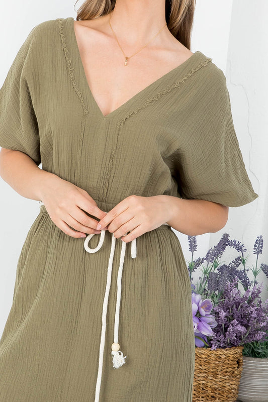 Olive V-Neckline With Waist Tie Dress (Pack of 6 PCS)