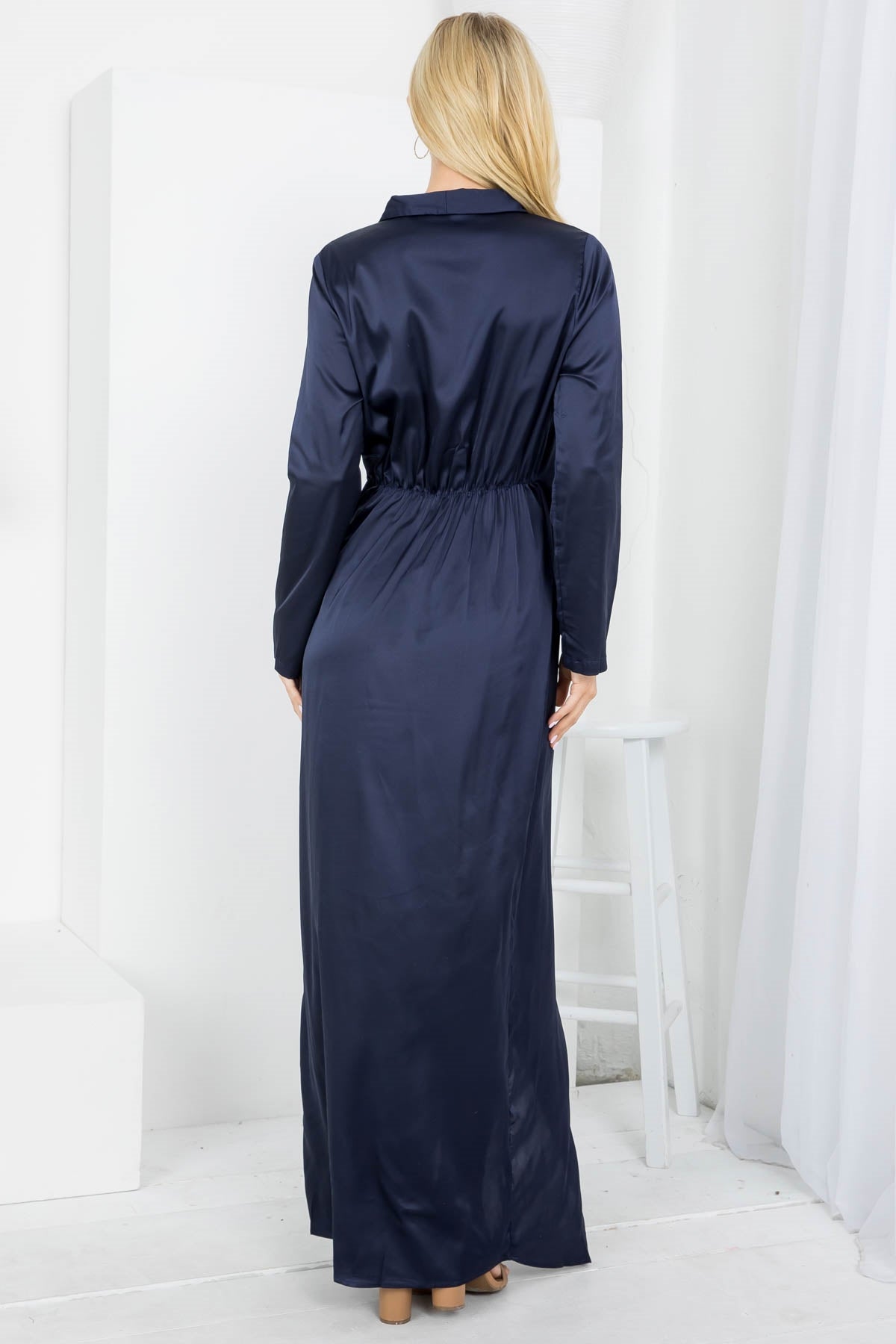 Navy Surplice V-Neckline Long Sleeve Silk Dress (Pack of 6 PCS)