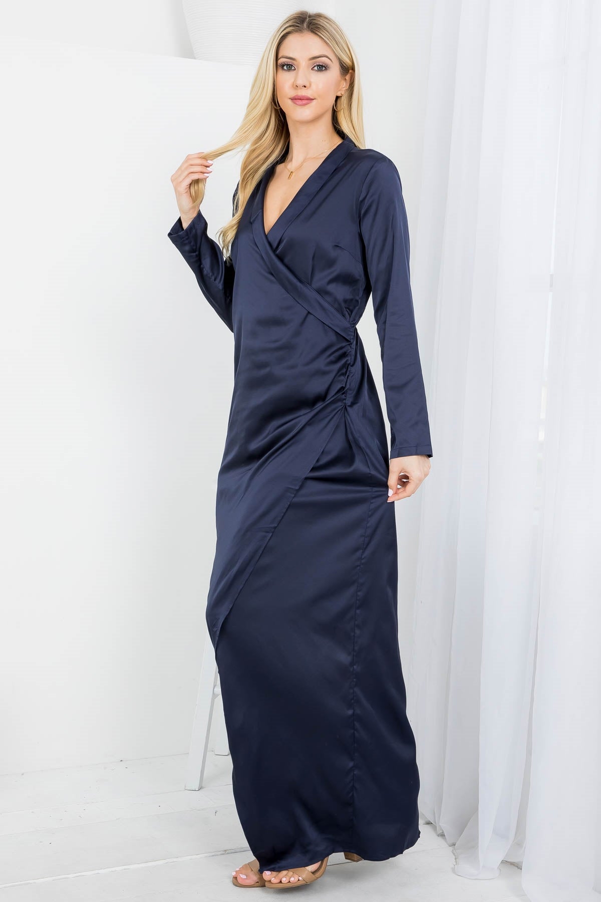 Navy Surplice V-Neckline Long Sleeve Silk Dress (Pack of 6 PCS)