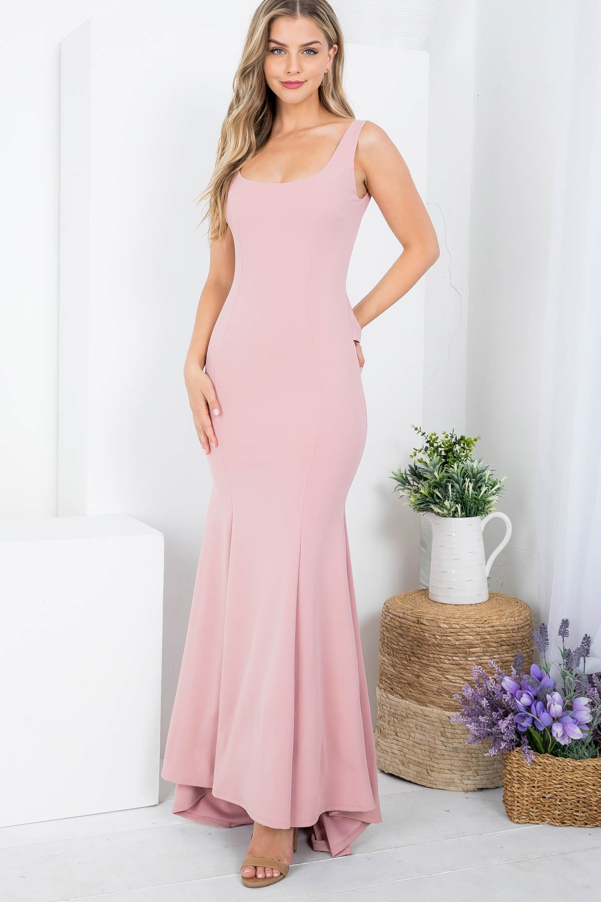 Mauve Square Neckline With Ruffle Drape Back Detail Long Dress (Pack of 6 PCS)