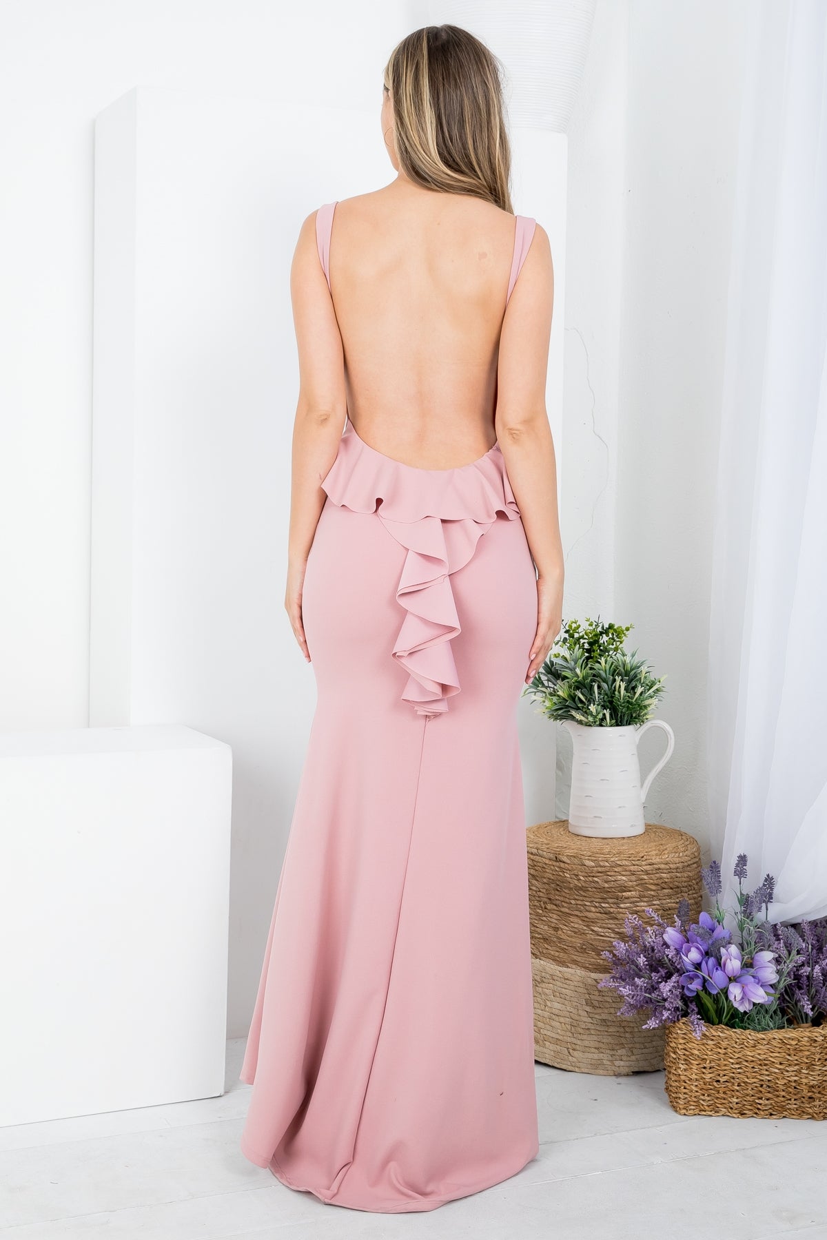 Mauve Square Neckline With Ruffle Drape Back Detail Long Dress (Pack of 6 PCS)