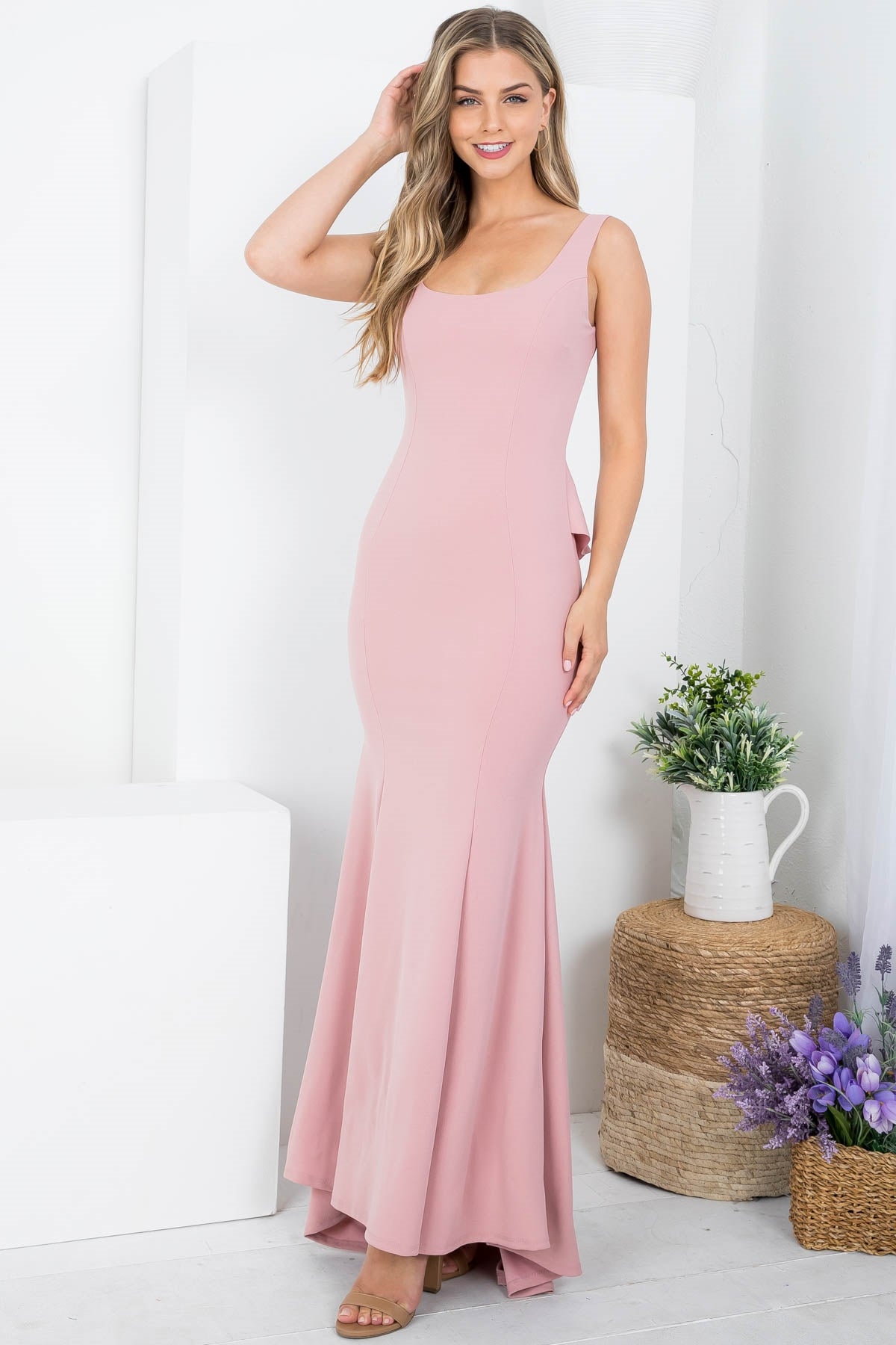 Mauve Square Neckline With Ruffle Drape Back Detail Long Dress (Pack of 6 PCS)