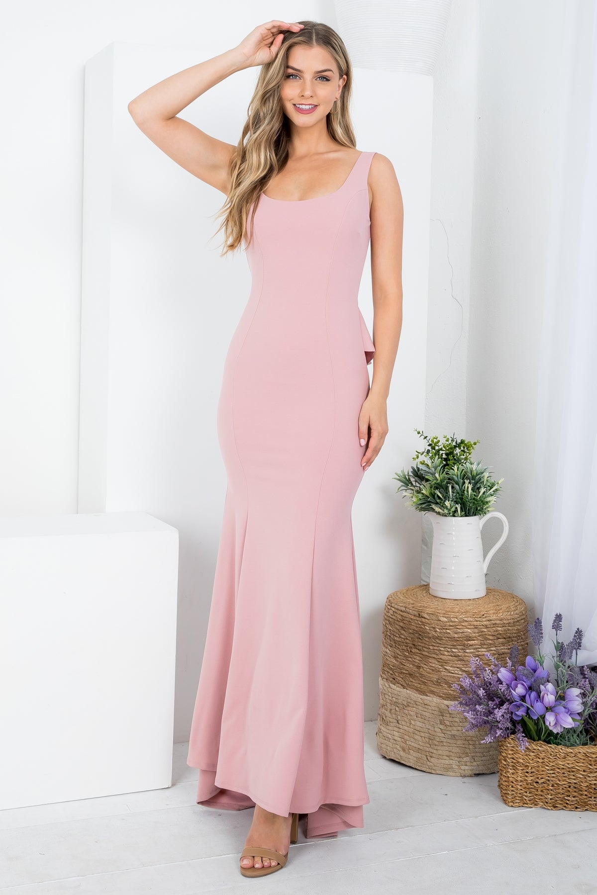 Mauve Square Neckline With Ruffle Drape Back Detail Long Dress (Pack of 6 PCS)