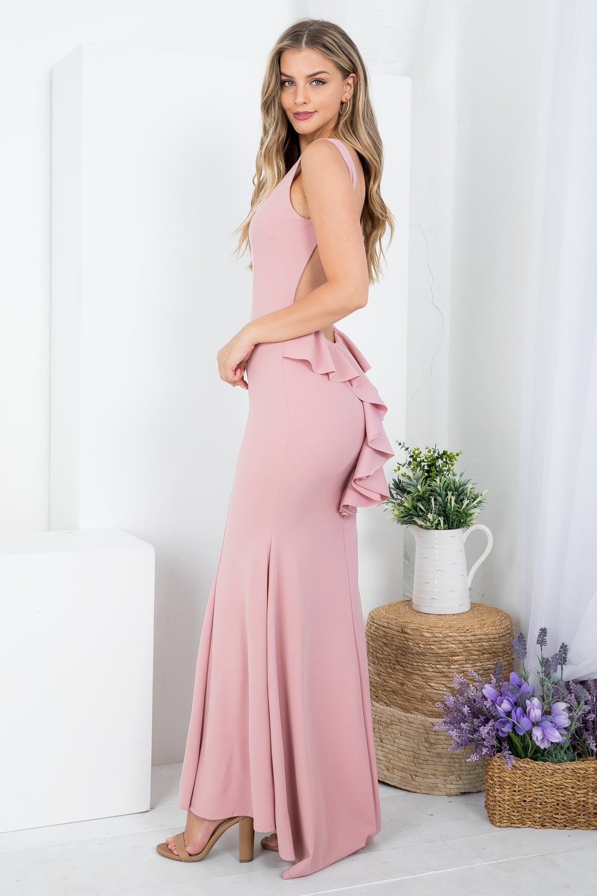 Mauve Square Neckline With Ruffle Drape Back Detail Long Dress (Pack of 6 PCS)