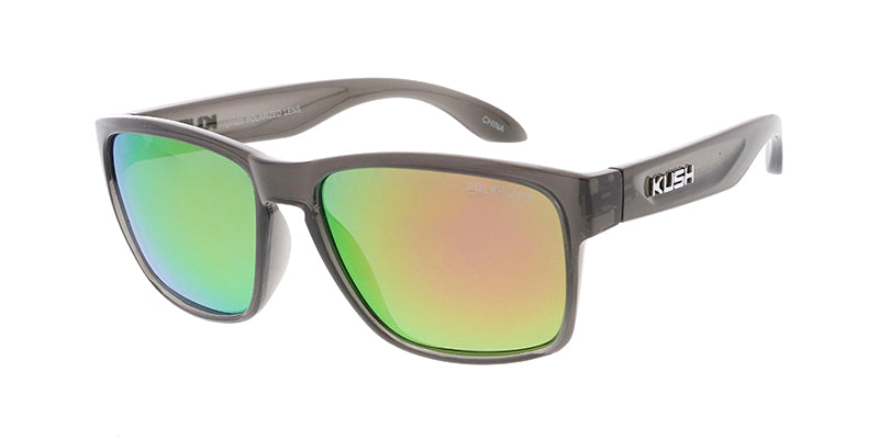 KUSH Plastic Medium Square Crystal Grey Frame w/ Polarized Color Mirror Lens (Pack of Dozen)