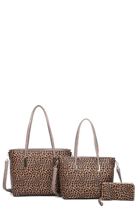 3IN1 LEOPARD PRINTED TOTE BAG WITH MATCHING BAG AND WALLET SET