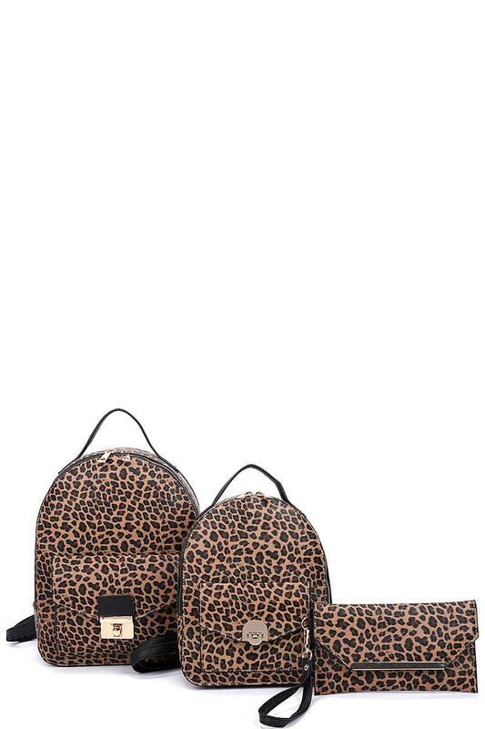 FASHION LEOPARD PRINT BACKPACK WITH MATCHING BACKPACK AND CLUTCH SET