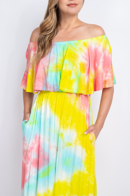 Off-Shoulder Tie Dye Elastic Waist Maxi Dressblue-Yellow-Pink (Pack of 7 PCS)