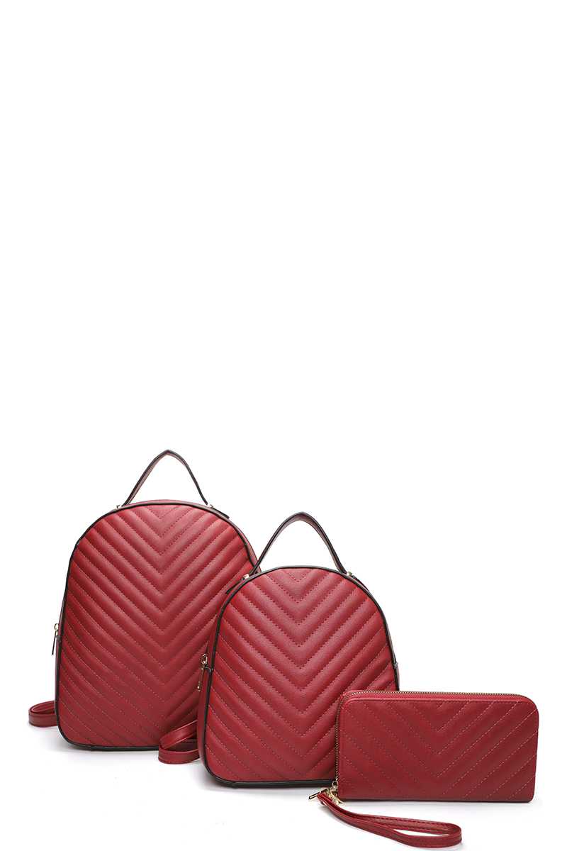 3IN1 FASHION V PATTERN CHIC BACKPACK WITH MATCHING BACKPACK AND WALLET SET