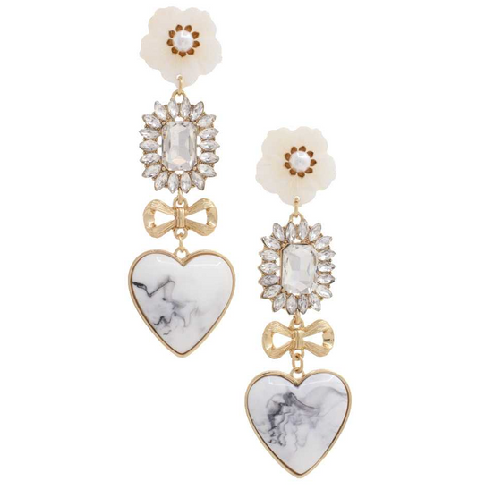 Marble Heart Flower Rhinestone Dangle Earring