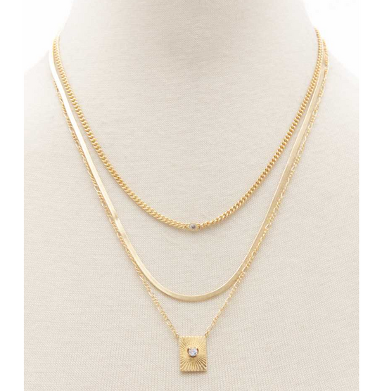 Layered Square Pendant Herringbone Link Necklace