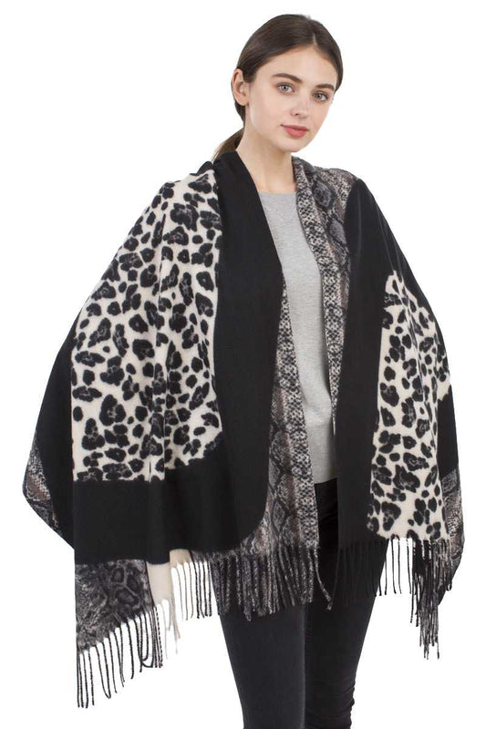 Snake Leopard Mix Print Tassel Blanket Scarf