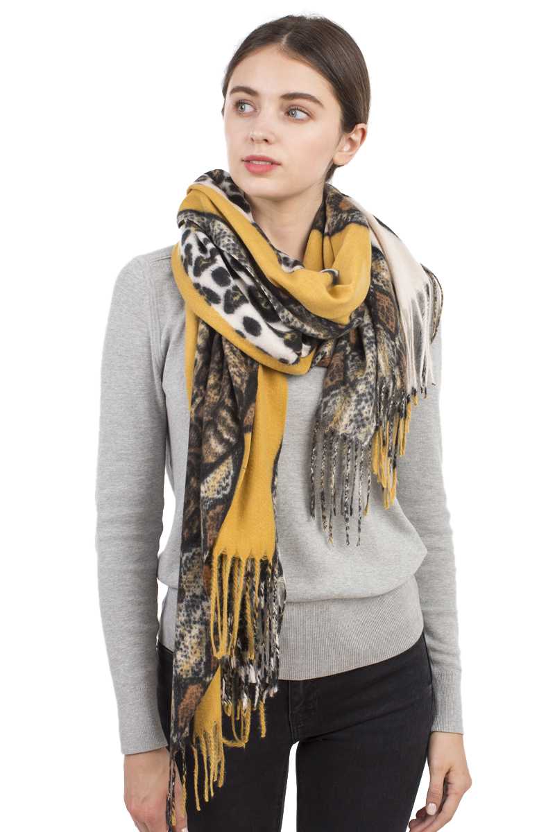 Snake Leopard Mix Print Tassel Blanket Scarf