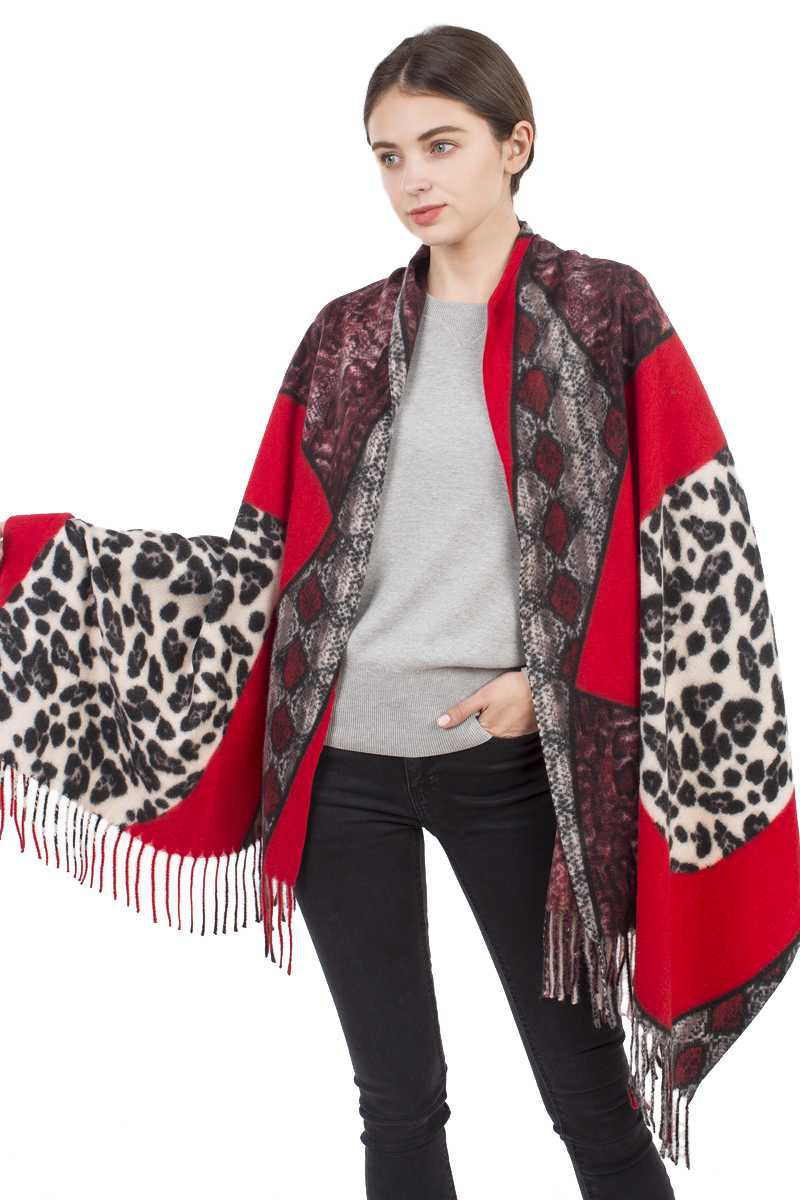 Snake Leopard Mix Print Tassel Blanket Scarf