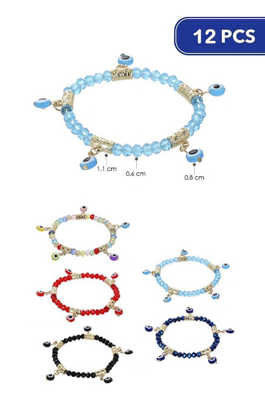 FASHION CYRSTAL BEAD EVIL EYE CHARM BRACELET (12 UNITS)