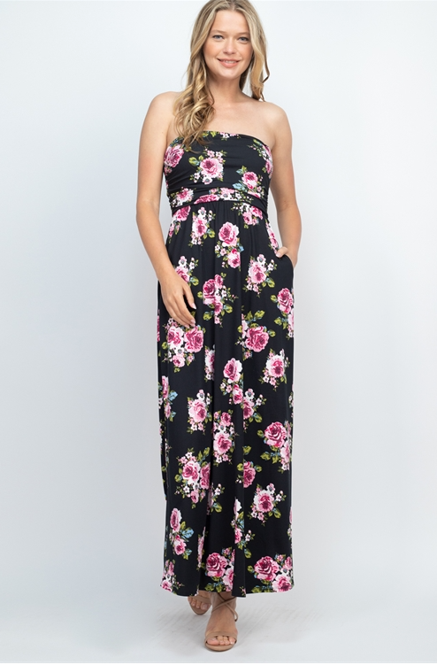 Tube Top Floral Pocket Maxi Dress With Inside Lining