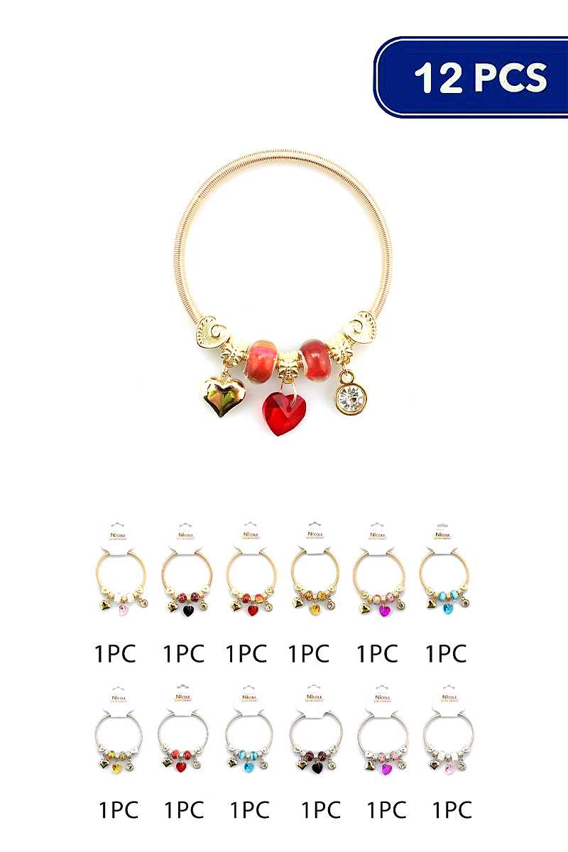 METAL CRYSTAL HEART DANGLE MIX BRACELET (12 UNITS)