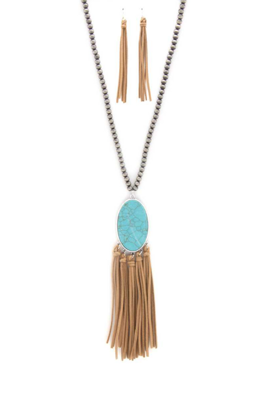 Oval Pendant Suede Tassel Beaded Necklace