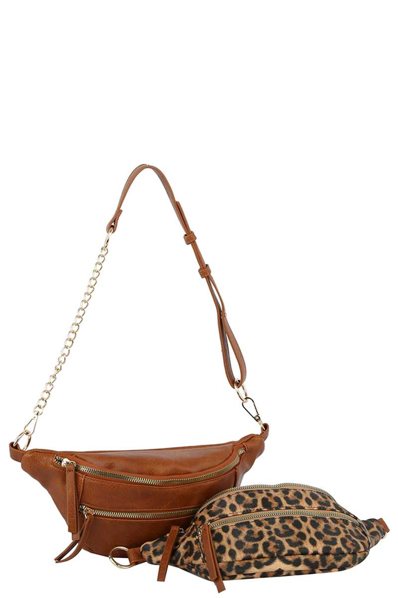 2IN1 SMOOTH PLAIN COLOR ZIPPER CROSSBODY BAG WITH ANIMAL PRINT SET