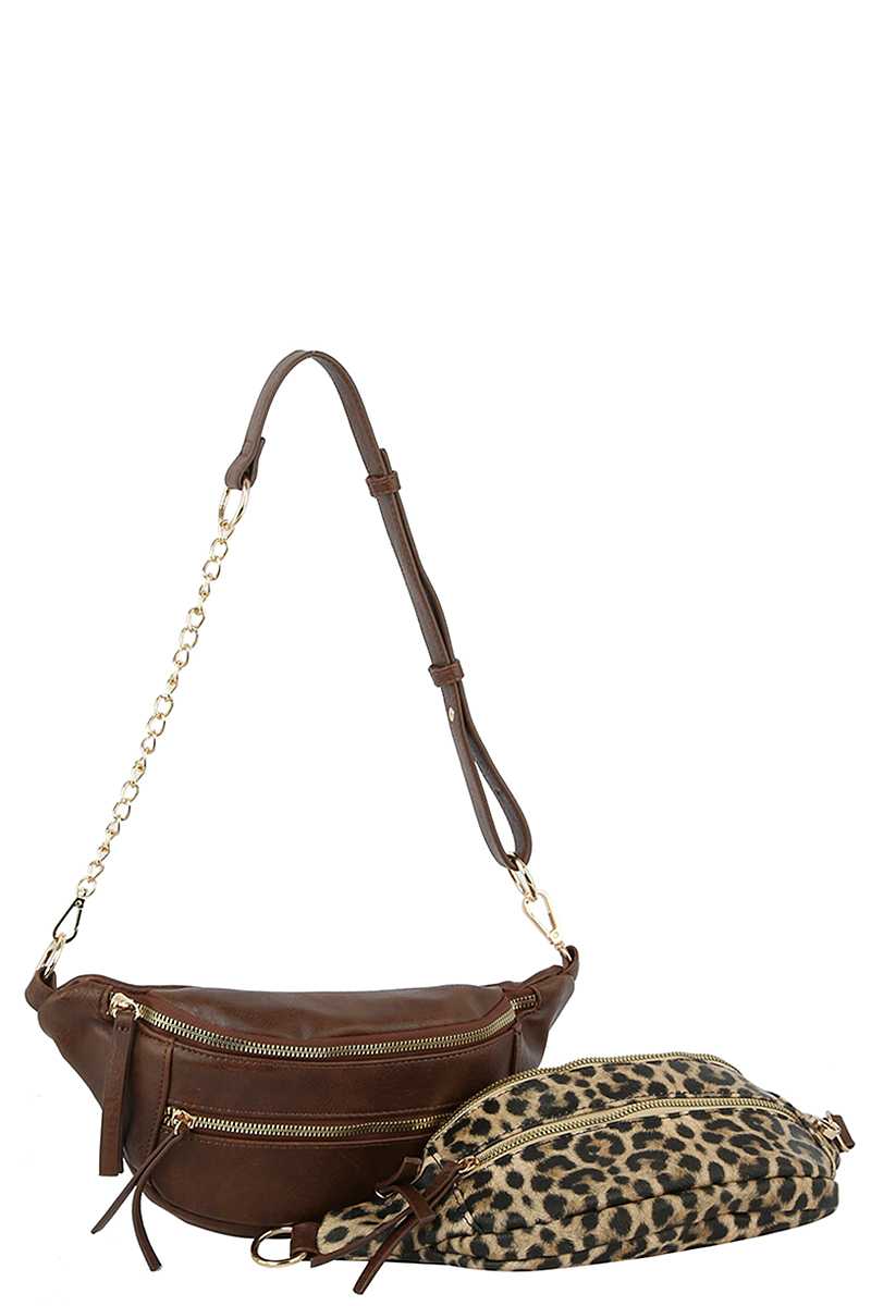 2IN1 SMOOTH PLAIN COLOR ZIPPER CROSSBODY BAG WITH ANIMAL PRINT SET