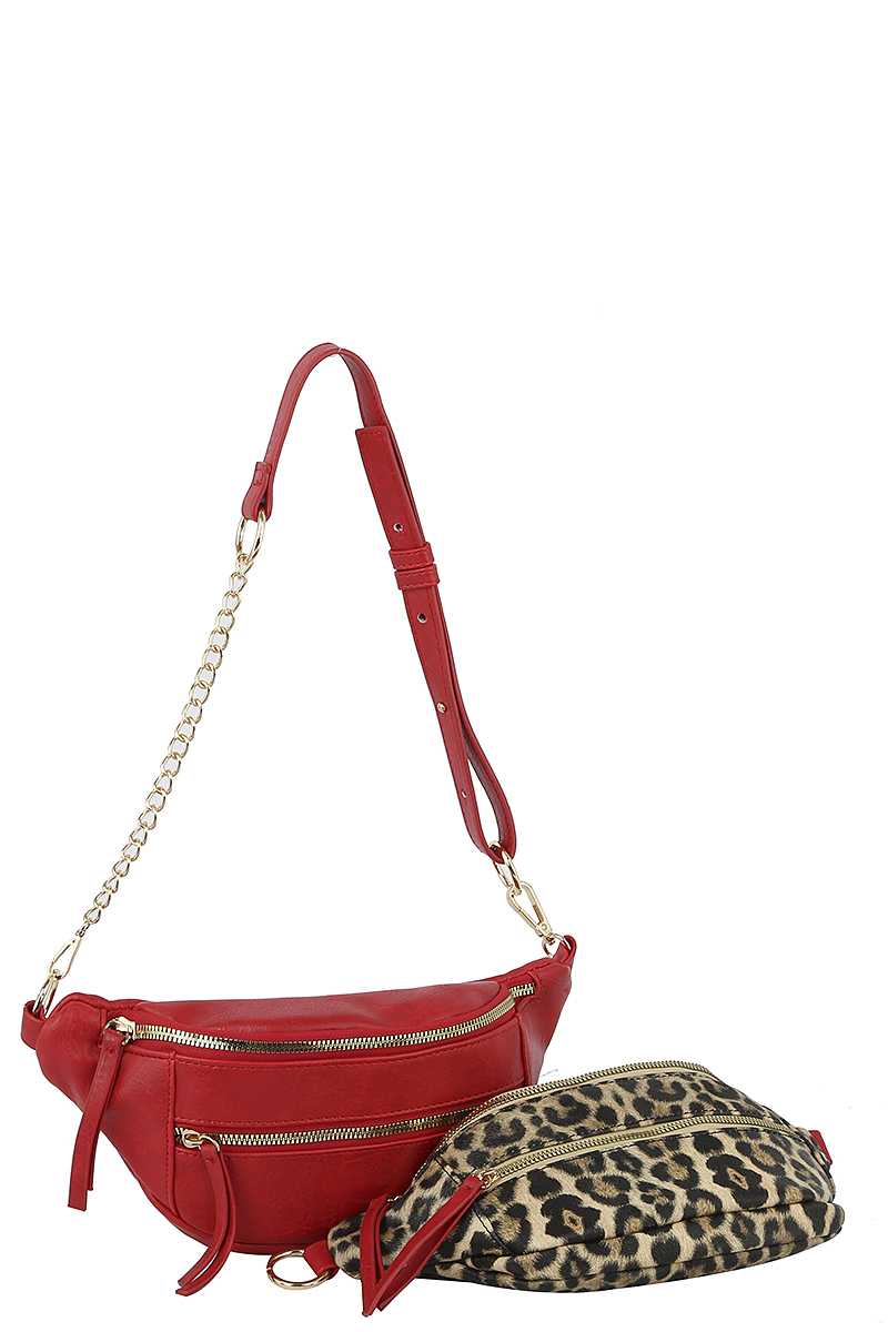 2IN1 SMOOTH PLAIN COLOR ZIPPER CROSSBODY BAG WITH ANIMAL PRINT SET